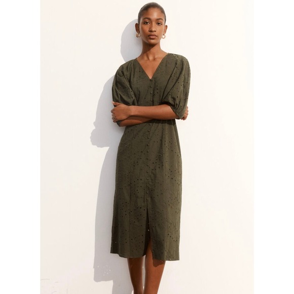 NWT H&M Eyelet Lace Puff Sleeve Midi Dress XL Boho Peasant Cottagecore Cowgirl - Picture 3 of 16
